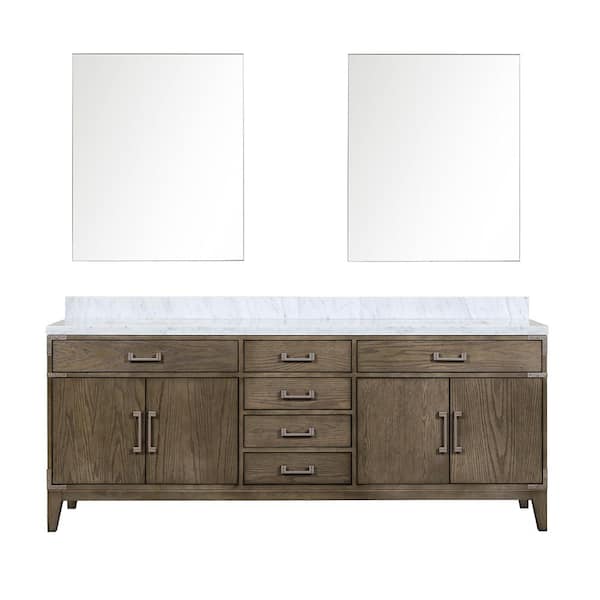 Fossa 84 in W x 22 in D Grey Oak Double Bath Vanity, Carrara Marble Top, and 36 in Mirrors