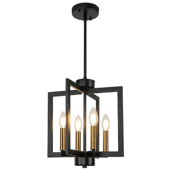 Unbranded 8.66 in. 4-Light Black and Gold Farmhouse Lantern Square / Rectangle Chandelier for Living Room Foyer Kitchen Island