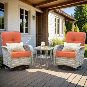 Clara 3-Piece Wicker Outdoor Patio Conversation Swivel Chair Set with a Side Table and Orange Red Cushions