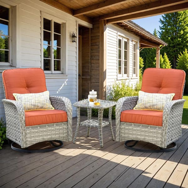 HOOOWOOO Clara 3-Piece Wicker Outdoor Patio Conversation Swivel Chair Set with a Side Table and Orange Red Cushions