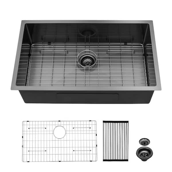 Sarlai 28 in. Undermount Single Bowl 16-Gauge Gunmetal Black Stainless Steel Round Corner Kitchen Sink with Bottom Grid