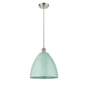 Plymouth Dome 1-Light Brushed Satin Nickel Cone Pendant Light with Seafoam Metal Shade