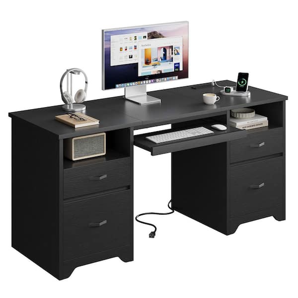 59 in. Rectangular Black Computer Desk with Drawers and Power Outlet, Home Office Desk with Keyboard Tray
