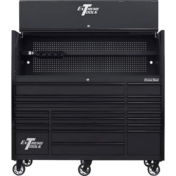 Extreme Tools RX Series Professional 72 in. W Hutch 19-Drawer Roller Cabinet Combo, 150 lbs. Slides, Matte Black Black Drawer Pulls