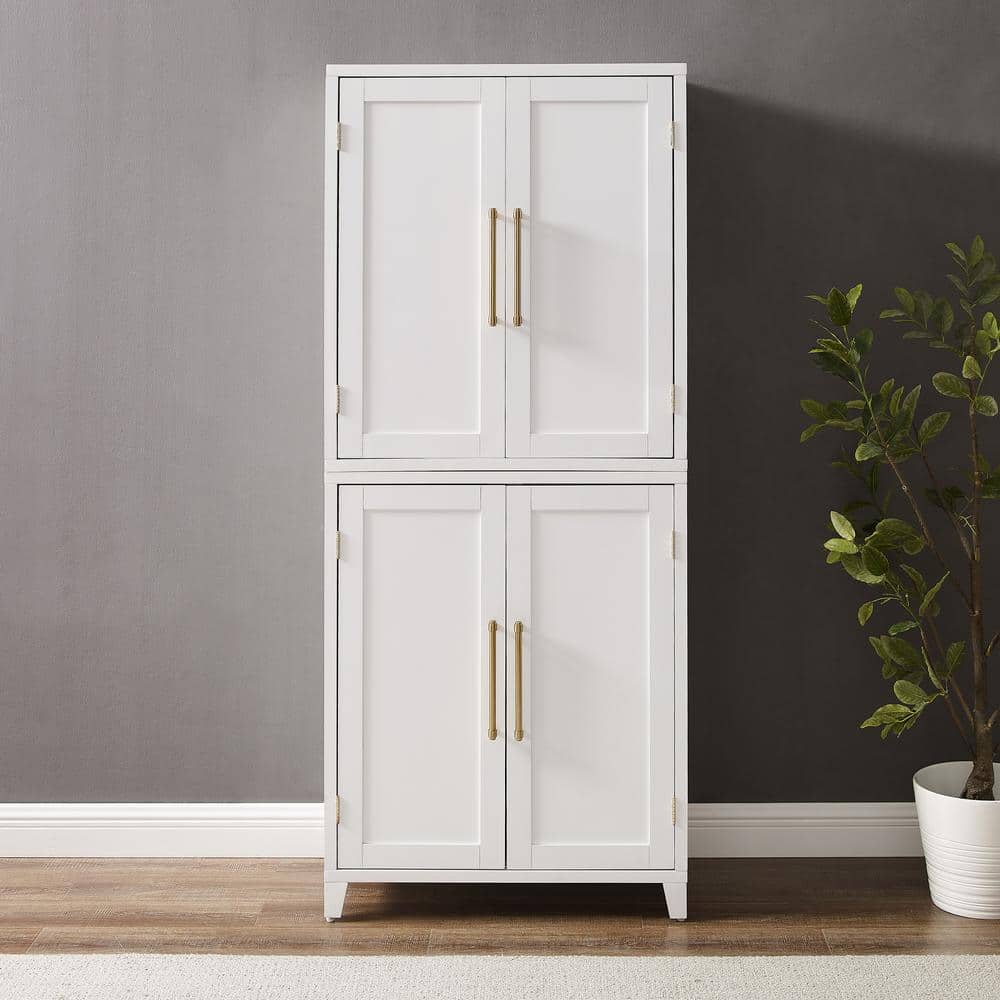 White Recessed Panel Kitchen Pantry Storage Cabinet with Gold Hardware