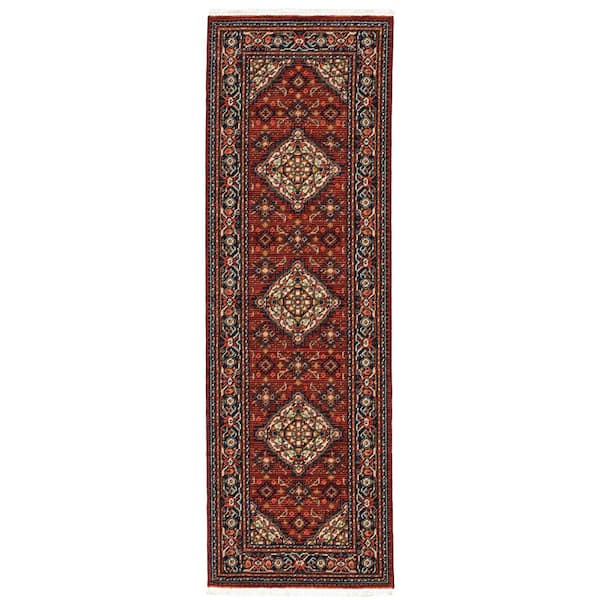 AVERLEY HOME Lillian Red/Blue 2 ft. x 12 ft. Oriental Medallion Wool/Nylon Blend Fringed-Edge Indoor Runner Area Rug