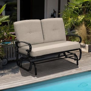 Metal Swing Glider Chair Rocking Loveseat Patio Bench for 2-Persons with Beige Cushions