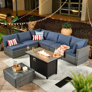 Daffodil A Gray 8-Piece Wicker Patio Rectangular Fire Pit Conversation Sofa Set with Denim Blue Cushions