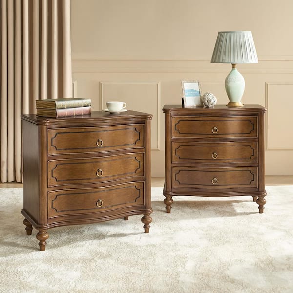 JAYDEN CREATION Egmund Set of 2 Traditional 3-Drawer Nightstand with Solid Wood Legs and Built-In Outlets-Seadrift