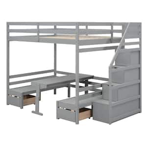 Gray Full over Full Bunk Bed with 2-Drawers and Storage Staircase Converts to Seats and Table Set