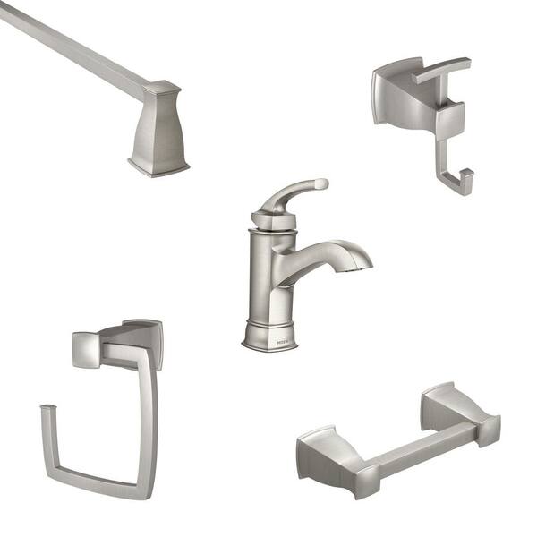 MOEN Hensley Single-Handle Single Hole Bath Faucet with 4-Piece Hardware Set, 24 in. Towel Bar in Spot Resist Brushed Nickel