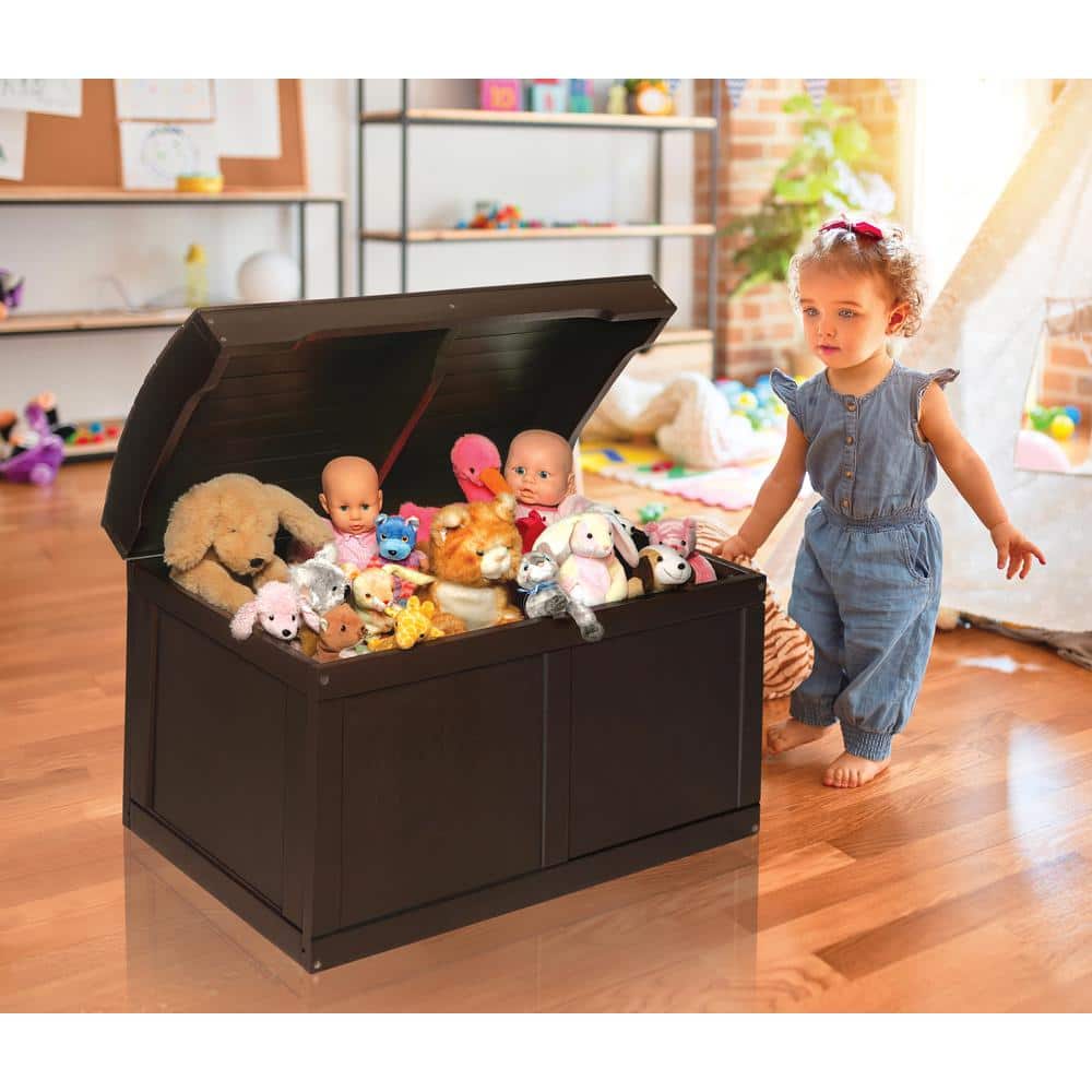 Espresso Wood Barrel Top Toy Chest with Safety Hinge