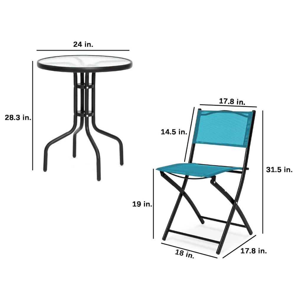Peacock Blue 3-Piece Patio Bistro Set with Glass Tabletop