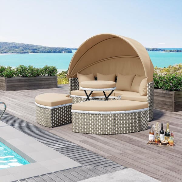 Harper & Bright Designs Gray Wicker Outdoor Day Bed with Light Coffee Cushions, Pillows, Retractable Canopy and Adjustable Table