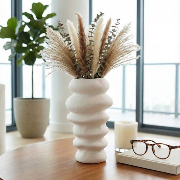 12 in. White Ceramic Hand Scribed Cairn Geometric Decorative Vase