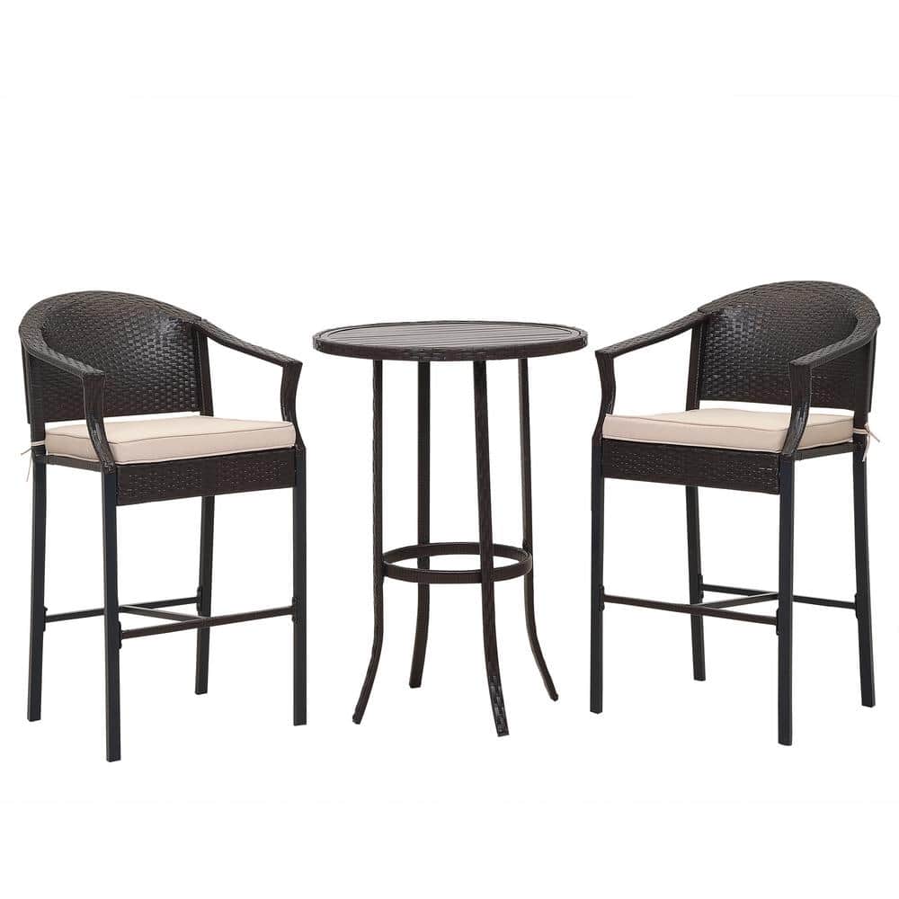 Black 3-Piece Wicker Outdoor Bistro Set with Beige Cushions for Backyard, P