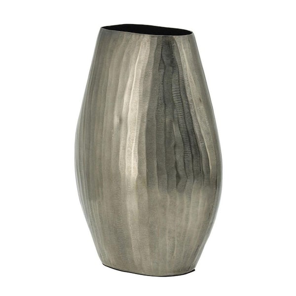 PRIMROSE CARNATION LLC Modern Design 12 in. Silver Aluminum Layered Chisel Oval Decorative Vase 1 PC, for Entryway or Dining Table Centerpiece