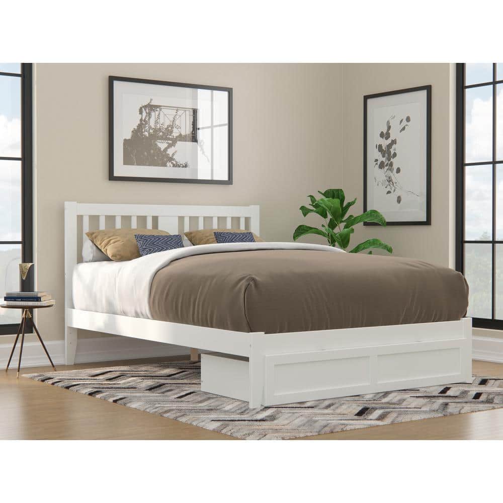 White Queen Wood Platform Bed with Storage Drawer and USB Charger