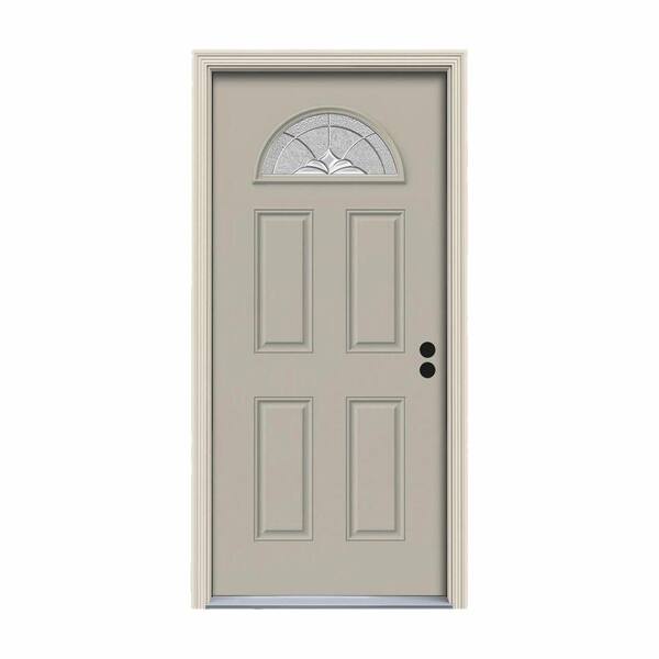 JELD-WEN 36 in. x 80 in. Fan Lite Langford Desert Sand Painted Steel Prehung Left-Hand Inswing Front Door w/Brickmould