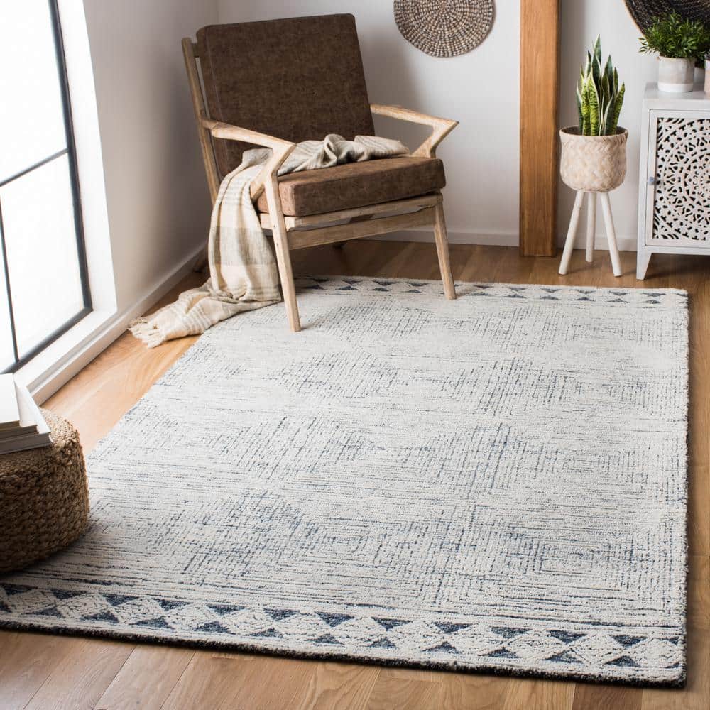 Ivory and Navy Hand-Tufted Wool Abstract Area Rug 3' x 5'