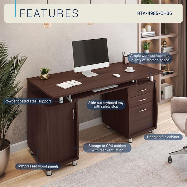 TECHNI MOBILI 48 in. Rectangular Chocolate 3 Drawer Computer Desk