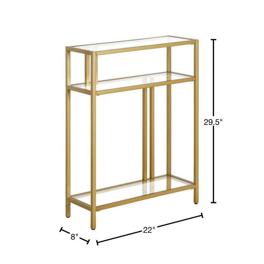 Compact Gold Industrial Console Table with Tempered Glass Shelves