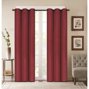 Embossed Burgundy Polyester Thermal 38 in. W x 63 in. L Grommet Blackout Curtain Panel (Set of 2)