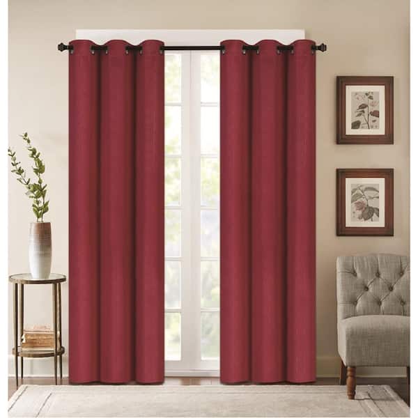 J&V TEXTILES Embossed Burgundy Polyester Thermal 38 in. W x 63 in. L Grommet Blackout Curtain Panel (Set of 2)