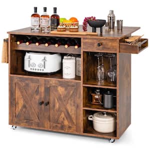 Rustic Brown Wood Kitchen Cart with Drop Leaf Wine Rack Stemware Holder