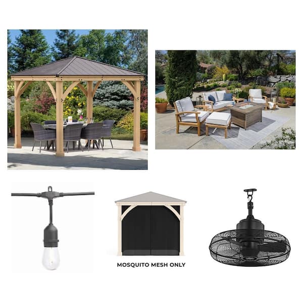 Meridian 10 ft. x 10 ft. Gazebo Kit, 48 ft. LED String Light, 20 in. Fan, Mesh Kit and Teak Patio Set Combo
