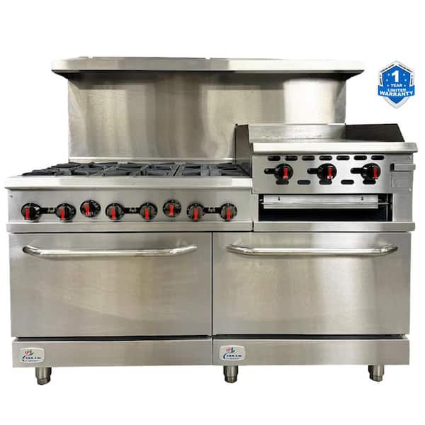 60 in. W 6-Burner NSF Commercial Double Oven Gas Range and Griddle and Broiler in Stainless Steel