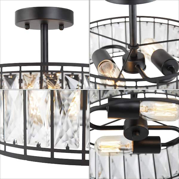 12.5 in. 2-Light Industrial Modern Black Drum Semi Flush Mount Light with  Crystal Glass Shade