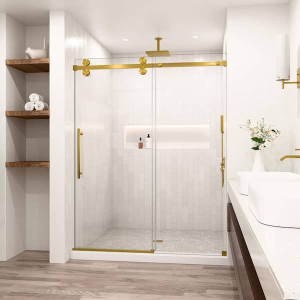 Lumina 60 in. W x 80 in. H Sliding Fully Frameless Shower Door in Brushed Gold with SGCC 3/8 in. Tempered Clear Glass