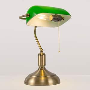 15 in. Gold Finish Vintage Bankers Lamp with Green Glass Shade, Pull Chain for Office, Study Room, or Library