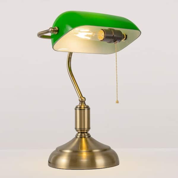 YANSUN 15 in. Gold Finish Vintage Bankers Lamp with Green Glass Shade, Pull Chain for Office, Study Room, or Library