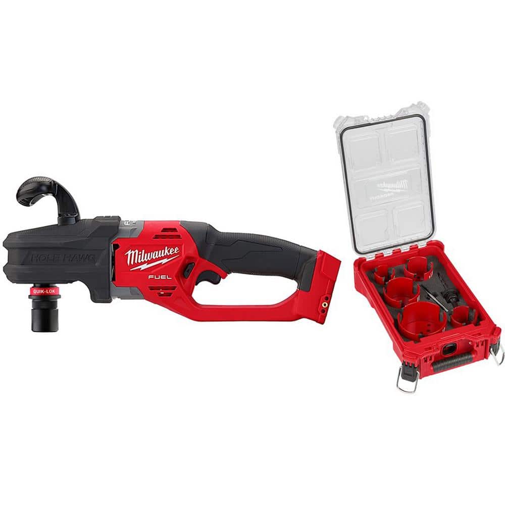 Milwaukee M18 FUEL 18V Lithium-Ion Brushless Cordless Hole Hawg 7/16 in. Right  Angle Drill w/Quick-Lok w/9pc PACKOUT Hole Saw Kit 2808-20-49-56-9295 The  Home Depot