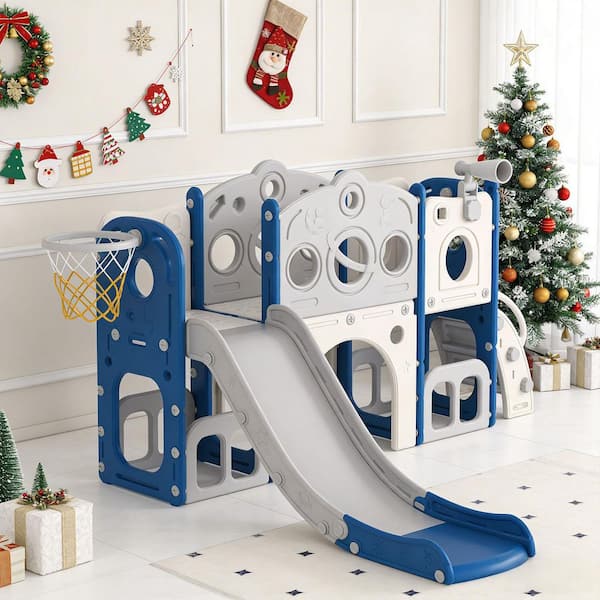 6.2 ft. Indoor Outdoor Blue and Gray 8-in-1 Astronaut Toddler Slide Set for Age 1-3 Kids Slide Climber Playset