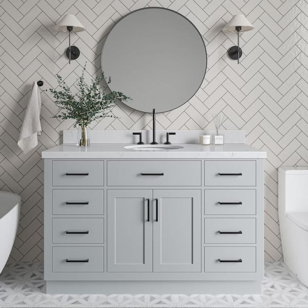 ARIEL Hepburn 54 in. W x 22 in. D x 36 in. H Single Sink Freestanding Bath Vanity in Grey with Carrara Quartz Top