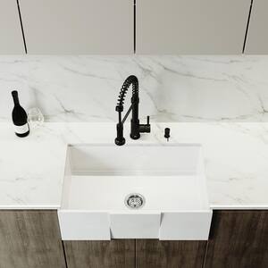 Matte Stone White Composite 30 in. Single Bowl Farmhouse Square Apron-Front Kitchen Sink with Strainer