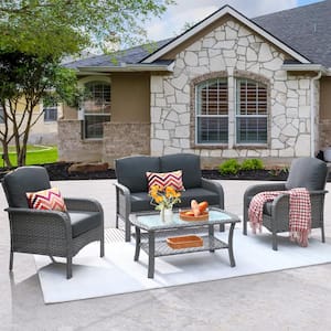 Hyacinth Gray 4-Piece Wicker Patio Outdoor Conversation Seating Set with a Coffee Table and Black Cushions