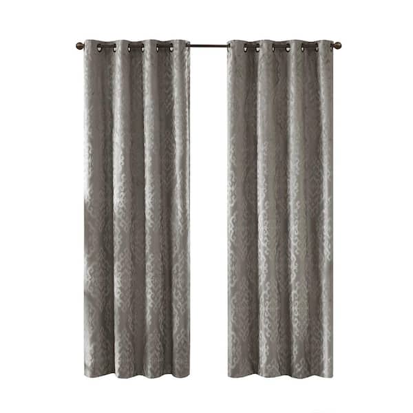 Elysia Charcoal Damask Knitted Jacquard Damask 50 in. W x 84 in. L Blackout Grommet Top Curtain