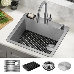 Marca 25 in. Drop-in/Undermount Single Bowl 18 Gauge Stainless Steel Kitchen Sink with Accessories