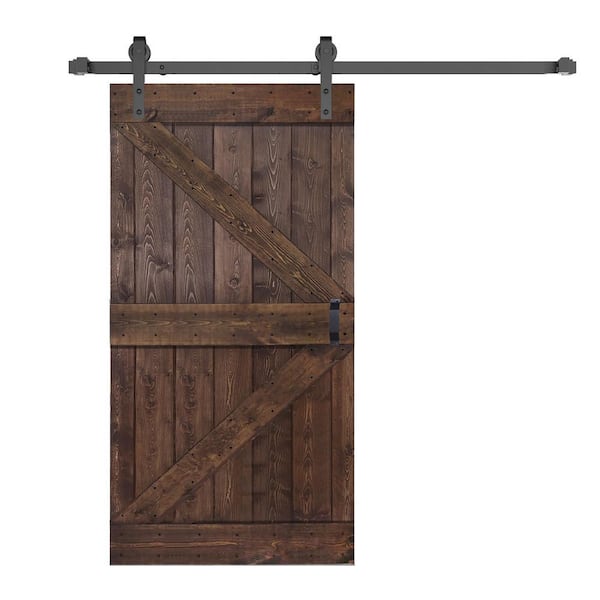 ISLIFE K Style 42 in. x 84 in. Kona Coffee Finished Soild Wood Sliding Barn Door with Hardware Kit - Assembly Needed