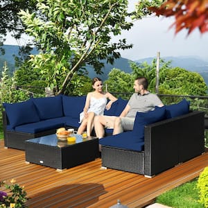 7-Piece Wicker Patio Conversation Set with Navy Cushions and Table