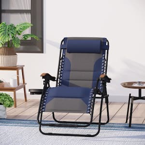 Grey and Blue Metal Oversized Padded Folding Zero Gravity Chair with Cup Holder Outdoor Patio Adjustable Recliner