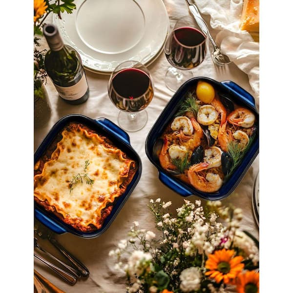 Ceramic Square Baking Dish Deep Lasagna Pan with Double Handles Reactive Glaze Blue for Roasting and Brownies