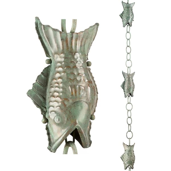 Good Directions 100% Blue Verde Pure Copper Fish Rain Chain, 8-1/2 ft. Long, Large Wide Mouthed Fish, Replaces Downspout