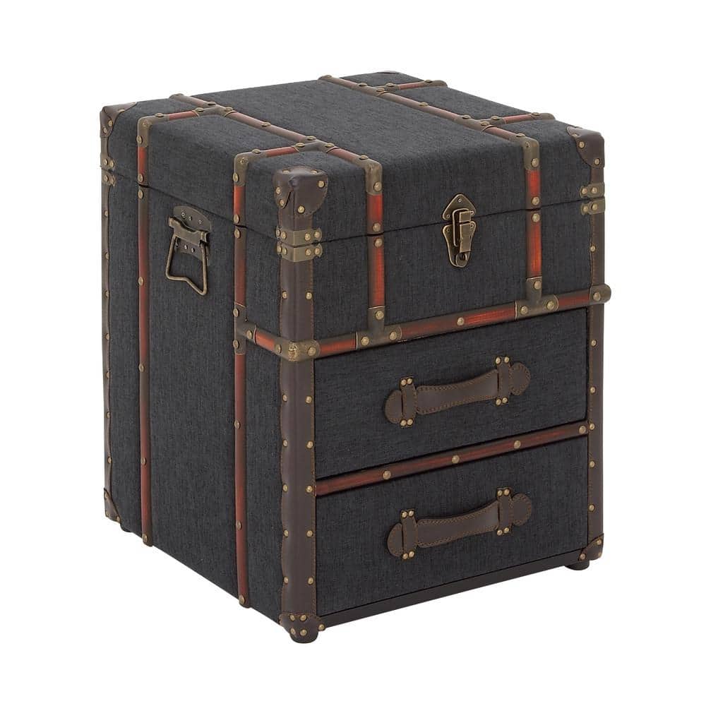 Dark Blue Linen Upholstered Wood End Table with Storage