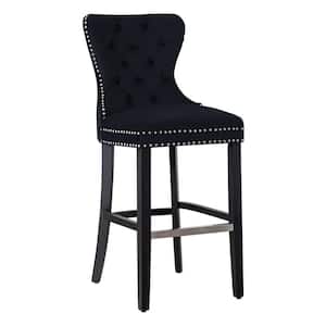 Harper 29 in. High Back Nail Head Trim Button Tufted Black Velvet Bar Stool with Solid Wood Frame in Black
