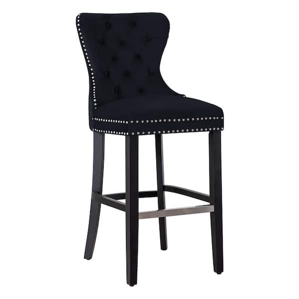 WESTINFURNITURE Harper 29 in. High Back Nail Head Trim Button Tufted Black Velvet Bar Stool with Solid Wood Frame in Black